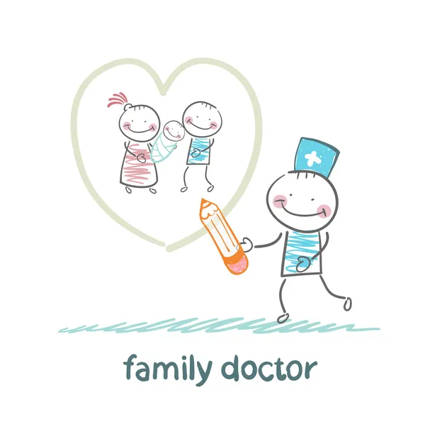 Family doctor draws a heart around the family
