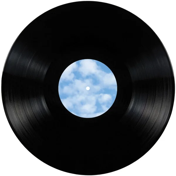 Black vinyl record lp album disc isolated long play disk with blank empty label copy space in sky bule, clouds, summer cloudscape