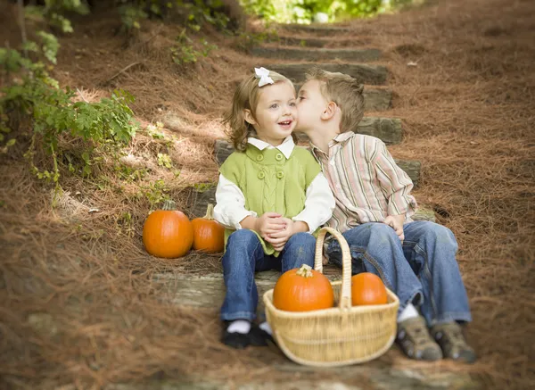 Brother and Sister Children on Wood Steps with Pumpkins Whisperi