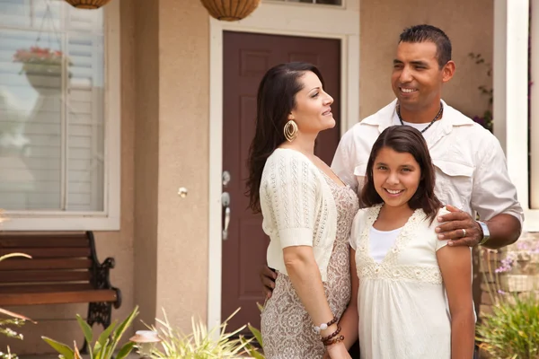 Small Happy Hispanic Family in Front of Their Home