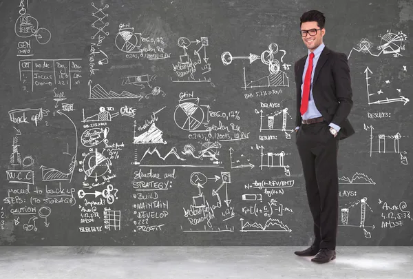 Business man stands in front of blackboard