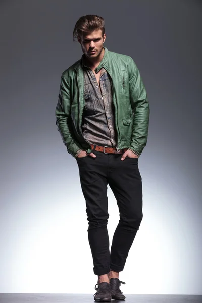 Fashion man in leather jacket posing