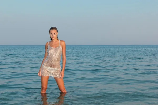 Young sexy girl in bikini and wet shirt at the beach