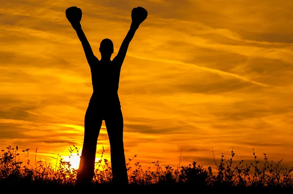 Silhouette of the girl with boxing gloves exercising in the nature at sunset