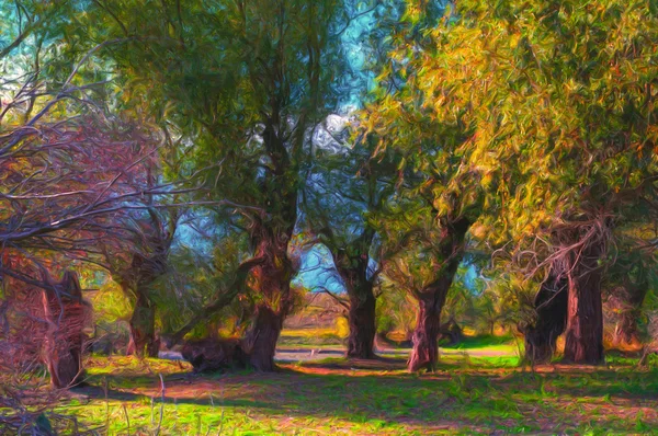 Landscape painting showing deep forest on sunny spring day.