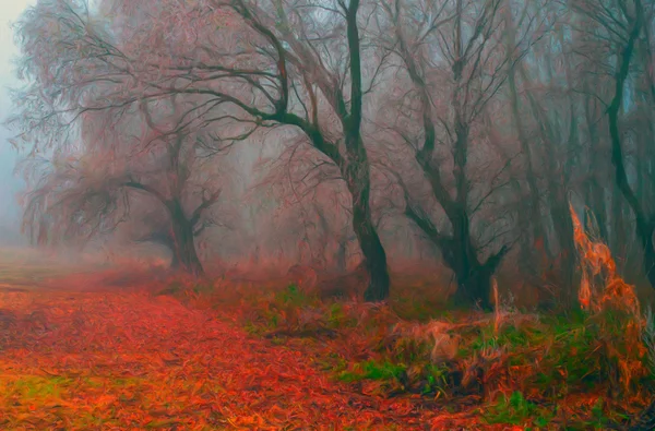 Landscape painting - creepy forest on foggy day