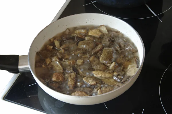Photo of chopped mushrooms in a frying pan