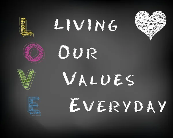 Conceptual LOVE acronym written on black chalkboard blackboard. Living our values everyday. Slide template.