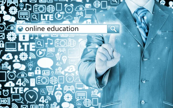 Online education written in search bar on virtual screen.