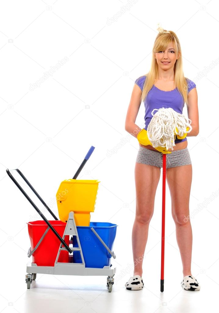 Sexy Putzfrau posiert mit Reinigungsgeräte — Stockfoto © 25406467