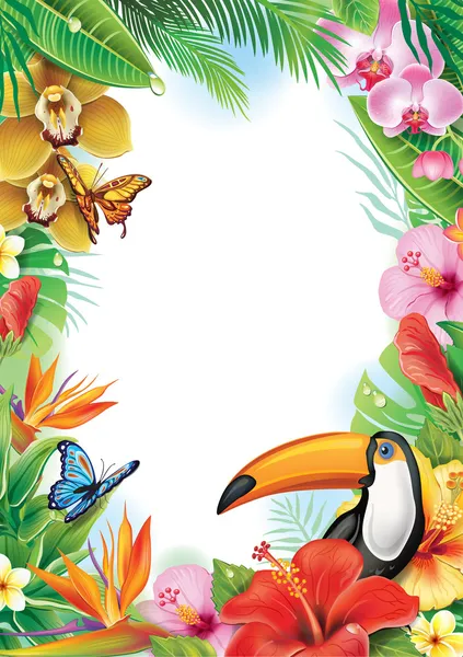 Frame with tropical flowers, butterflies and toucan
