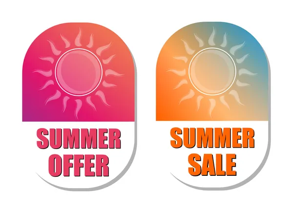 Summer offer and sale with sun signs, flat design labels