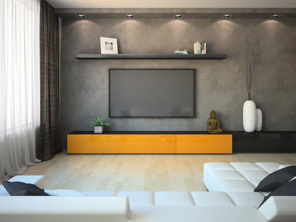 Modern interior with orange cabinet and TV