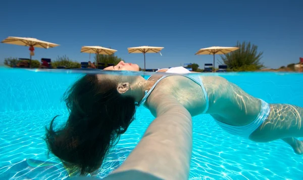 Underwater view of a woman swimming in the swimming pool