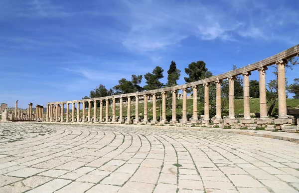 Forum (Oval Plaza)  in Jerash, Jordan.  Forum is an asymmetric plaza at the beginning of the Colonnaded Street, which was built in the first century AD