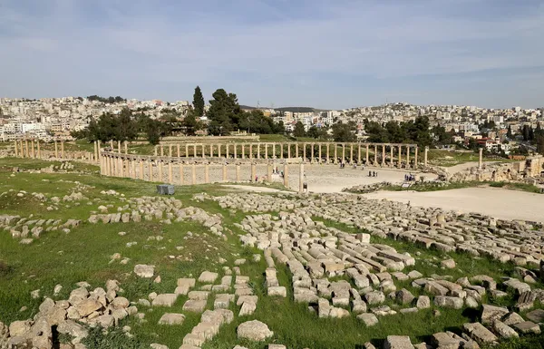 Forum (Oval Plaza)  in Gerasa (Jerash), Jordan.  Forum is an asymmetric plaza at the beginning of the Colonnaded Street, which was built in the first century AD