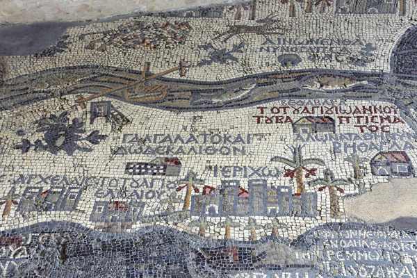 Ancient byzantine map of Holy Land on floor of Madaba St George Basilica, Jordan, Middle East