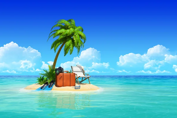 Tropical island with palms, chaise lounge, suitcase.