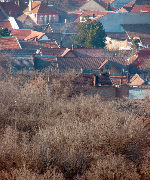 Urban scene across built up area showing roof tops