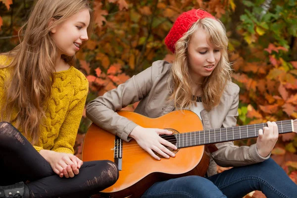 Playing guitar in the forest