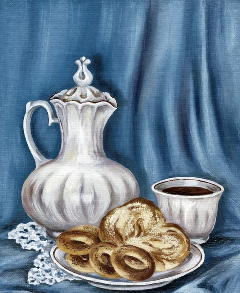 Painting: jug, bread and coffee cup