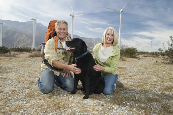 Senior Couple With Dog Near Wind Farm