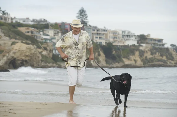 Senior Man Running With Dog At Beach