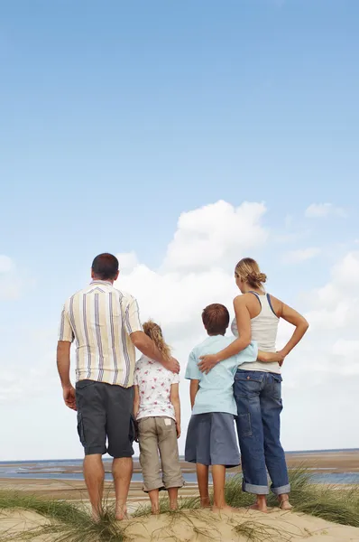 Family on beach looking at view