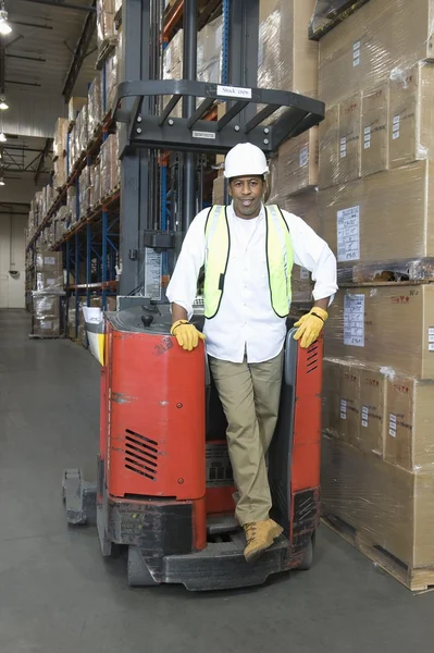 Man standing with fork lift truck