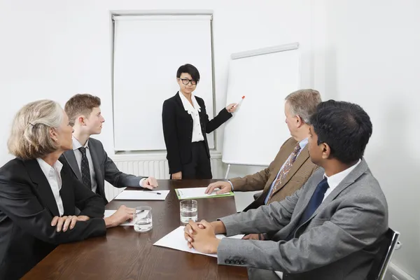 Woman using whiteboard in business meeting