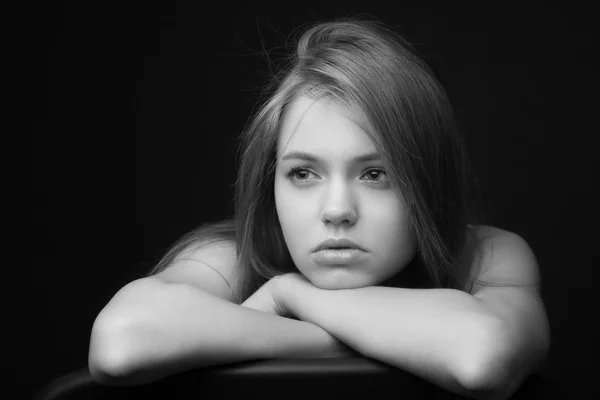 Black and white portrait upset girl