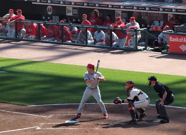 Philles Chase Utley stands into the batters box with bat on sho
