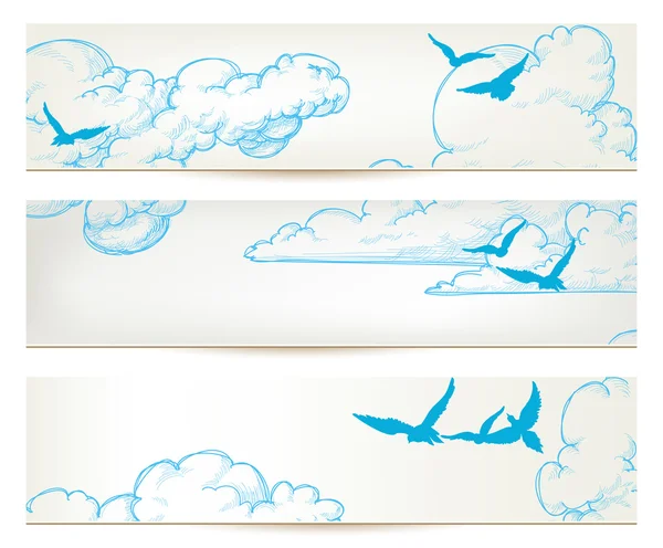 Sky banners, clouds and blue birds vector backgrounds