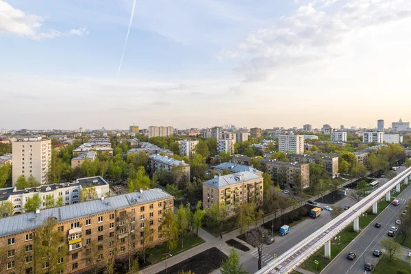 View of the residential areas and the streets of Moscow in the spring at sunset