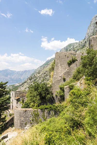 Walled City of Saint John in the town of Kotor. The city walls in the mountains and the stairs going up. Ruins of old wall