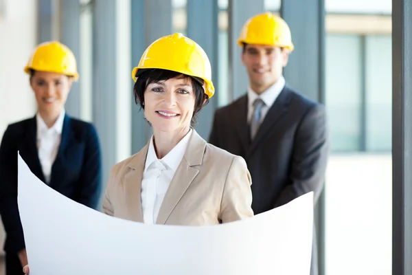 Middle aged construction businesswoman holding blue print