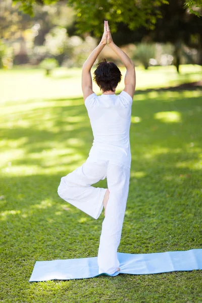 Rear view of a middle aged woman doing yoga outdoors