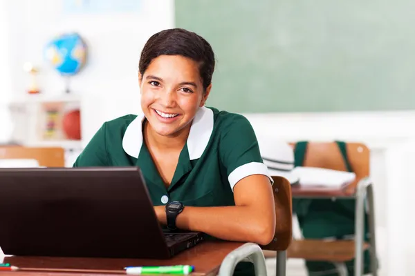 Female middle school student using laptop