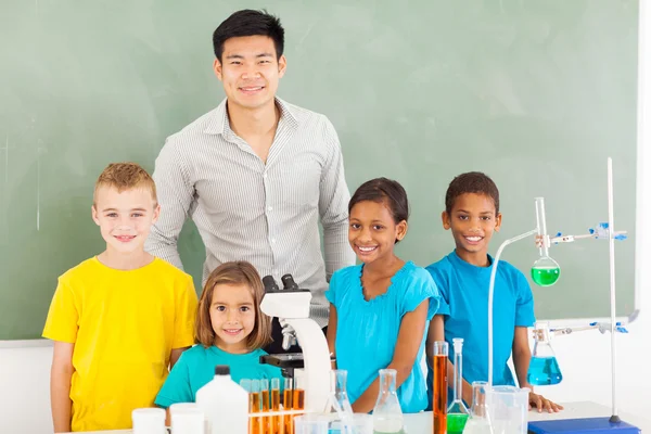 Elementary school students and teacher in chemistry class