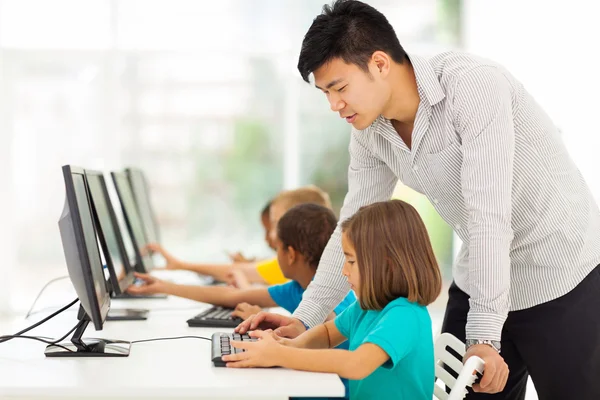 Elementary school teacher teaching in computer room