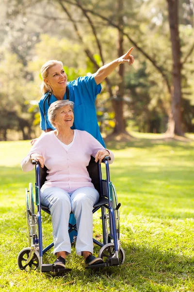 Nurse taking disabled elderly patient for a walk