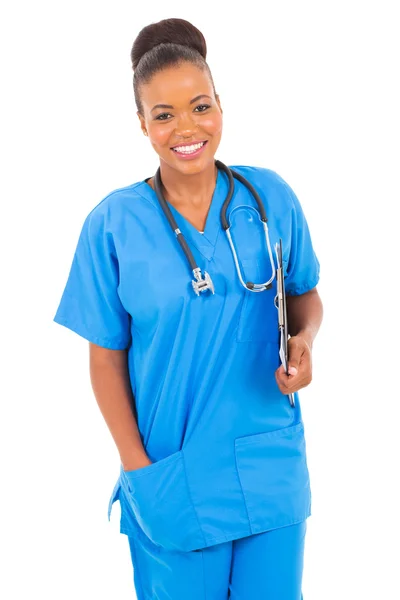 African healthcare worker holding clipboard