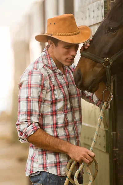 Cowboy whispering to a horse