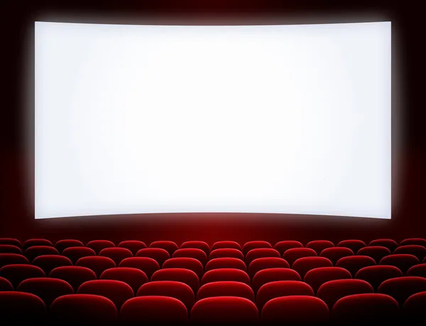 Cinema screen with open red seats