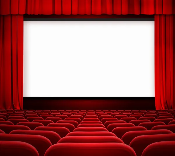 Cinema screen with open curtain and red seats