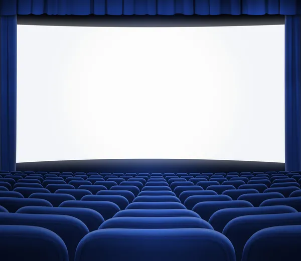 Cinema screen with open blue curtain and seats