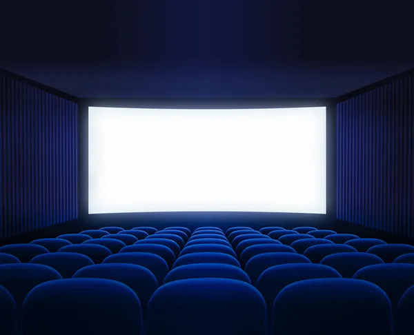 Blue cinema empty hall with blank screen for movie presentation