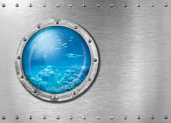 Submarine metal porthole underwater