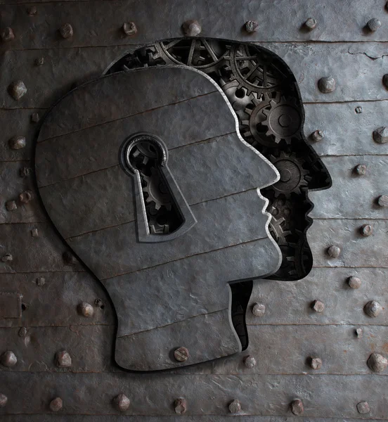 Human brain door with keyhole concept made from metal gears and