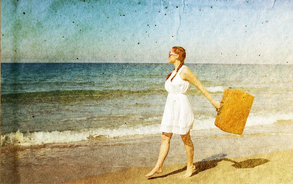 Woman with old vintage bag. Photo in old color image style.